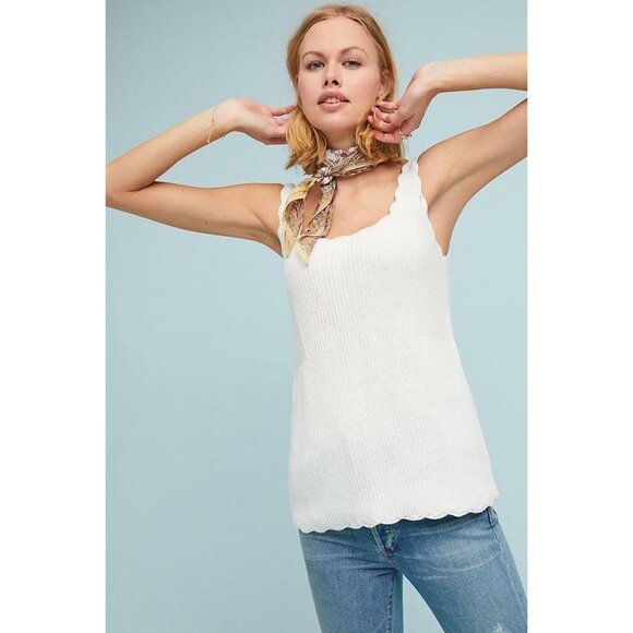 Anthropologie Moth Newport White Scalloped Knit Tank Top Women's Size Medium M - Picture 1 of 6